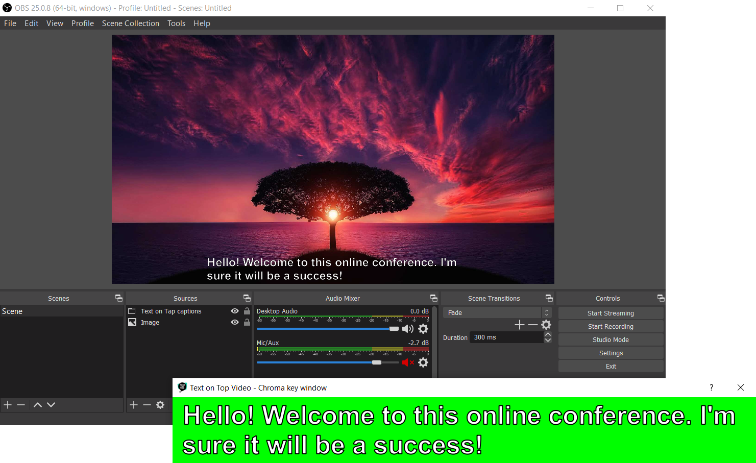 Picture of Text on Top Video captions in OBS